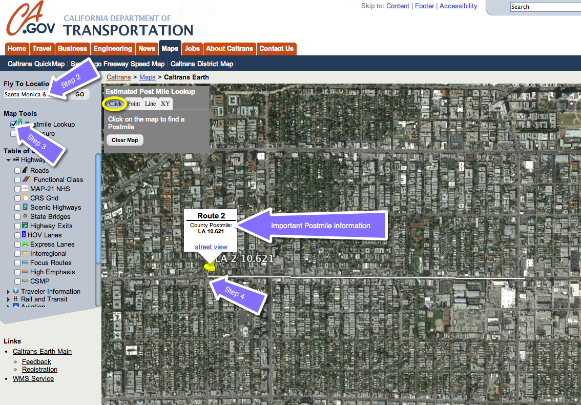 Diagram showing how to determine post mile locations on California state highways
