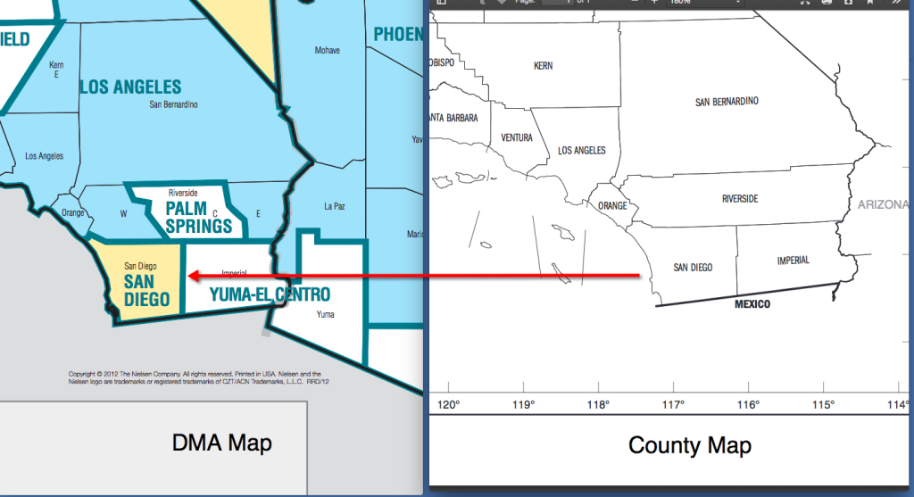 Map showing San Diego DMA boundaries splitting across county lines
