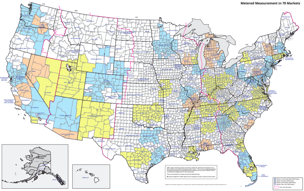 Nielsen DMA boundaries map for 2017-2018 showing designated market areas across the US