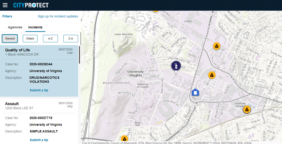 CityProtect interactive crime incident map showing crime locations by area