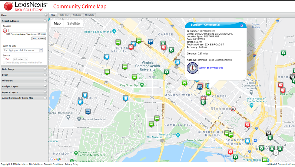 LexisNexis Community Crime Map with filters for date range and incident type