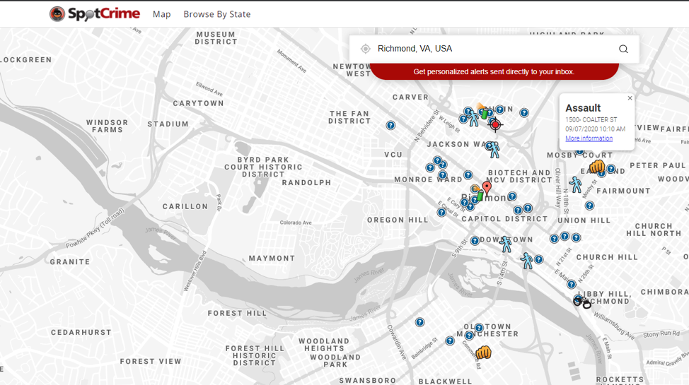 SpotCrime interactive crime map with crime trend summary tab