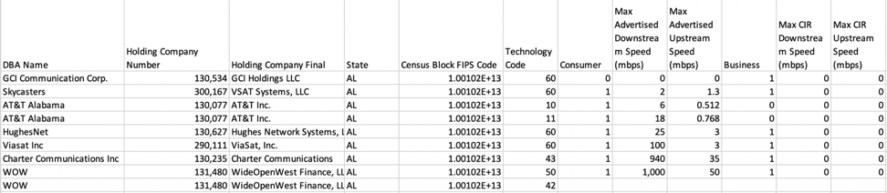 Sample of raw FCC Fixed Broadband Deployment data by Census block
