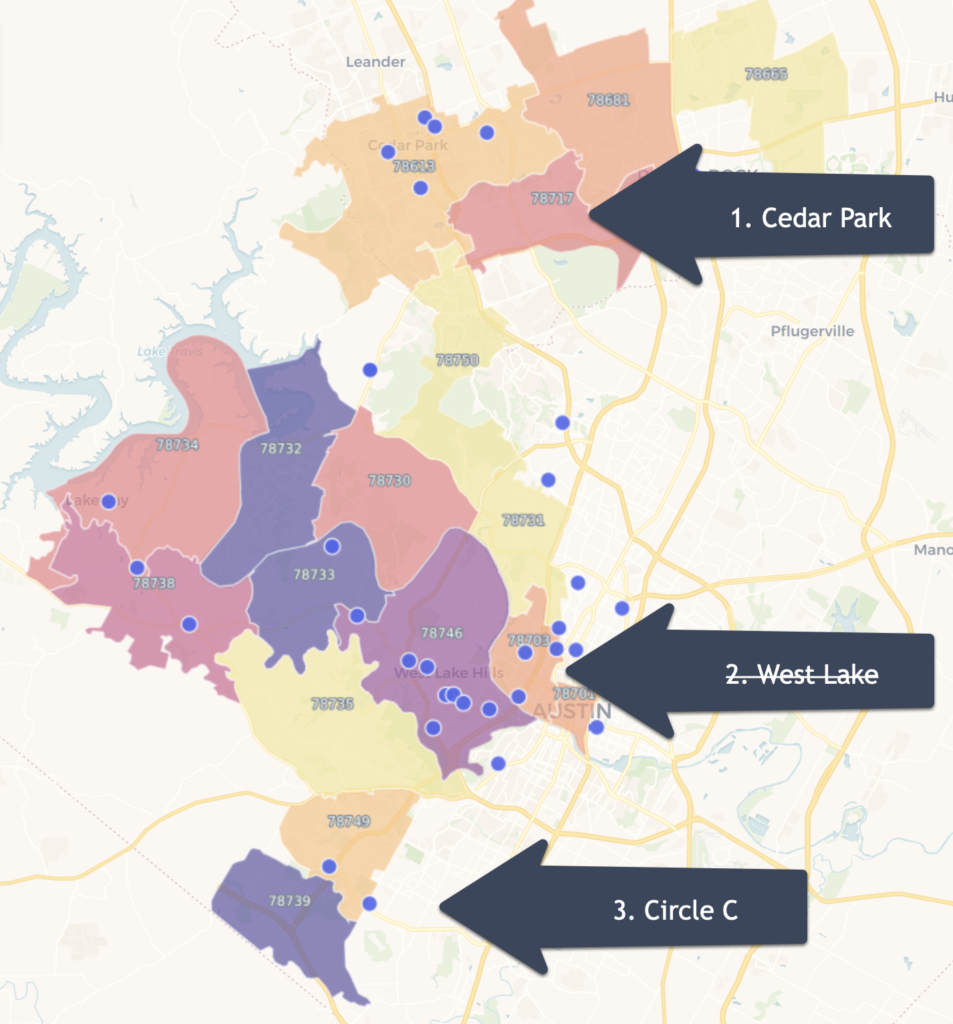 Demographic map overlaid with competitor Pilates studio locations in Austin area