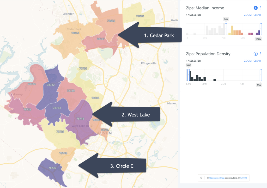Demographic map of Austin area zip codes filtered by high median income and population density
