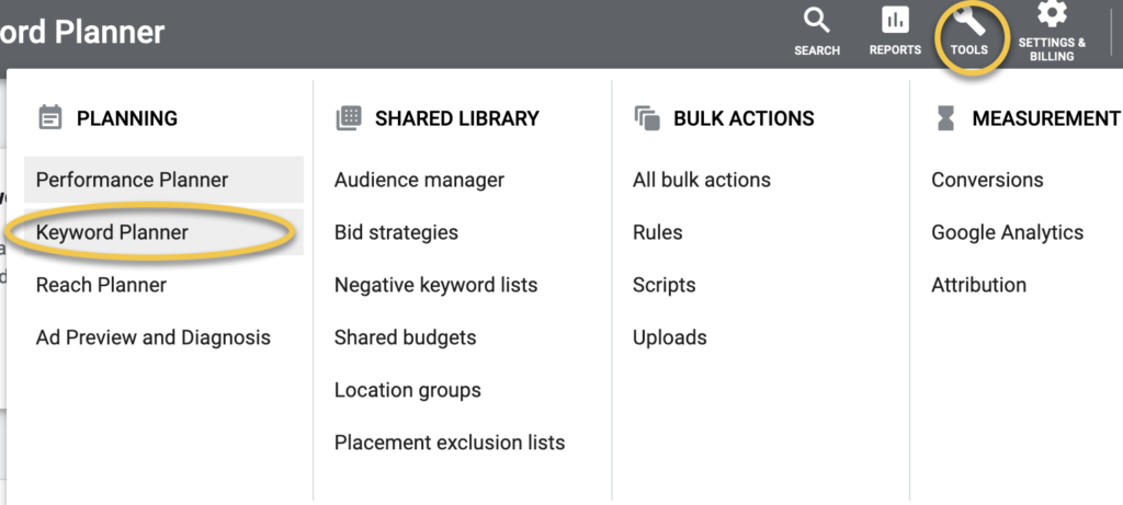 Google Ads Keyword Planner showing search volume estimates for Pilates location keywords