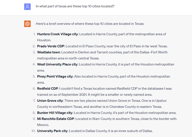 Code Interpreter locating top 10 cities in Texas by county using its own data