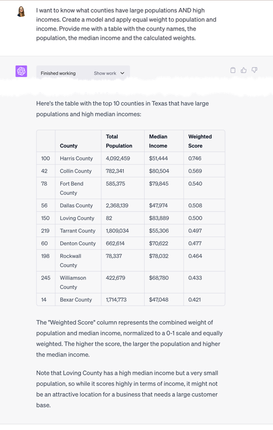 Code Interpreter successfully building a simple weighted scoring model for Texas counties