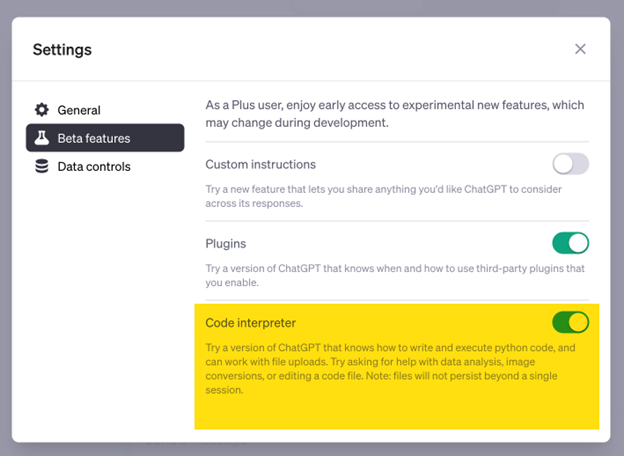 Enabling Code Interpreter in ChatGPT settings