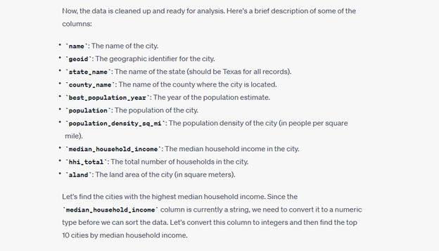 Code Interpreter describing key columns in the Census data file