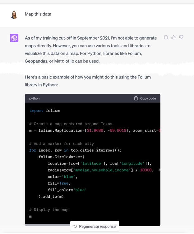 Code Interpreter unable to build maps, suggesting Python libraries instead