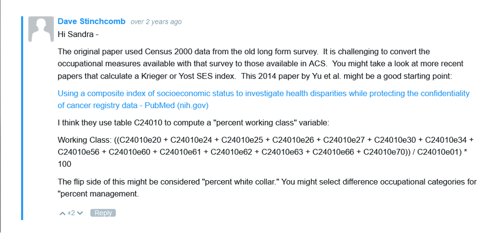 ACS community forum reply recommending table C24010 for estimating white-collar workers