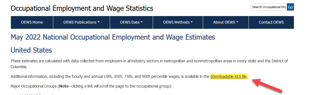 BLS percentile wage data showing entry-level and senior-level wage ranges by occupation