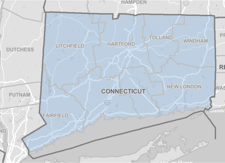 Map of 2021 Connecticut county boundaries from Census ACS data