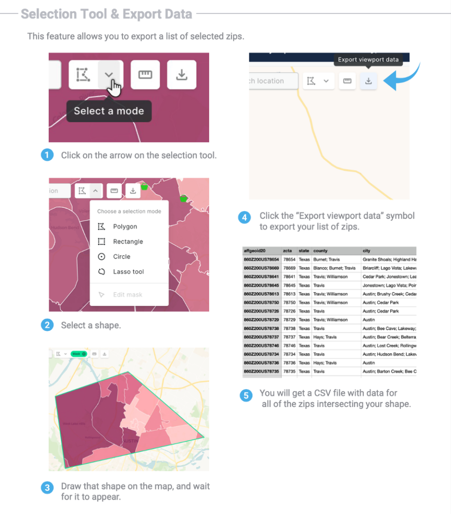 Income by Zip Code map interface showing how to export selected zip code data