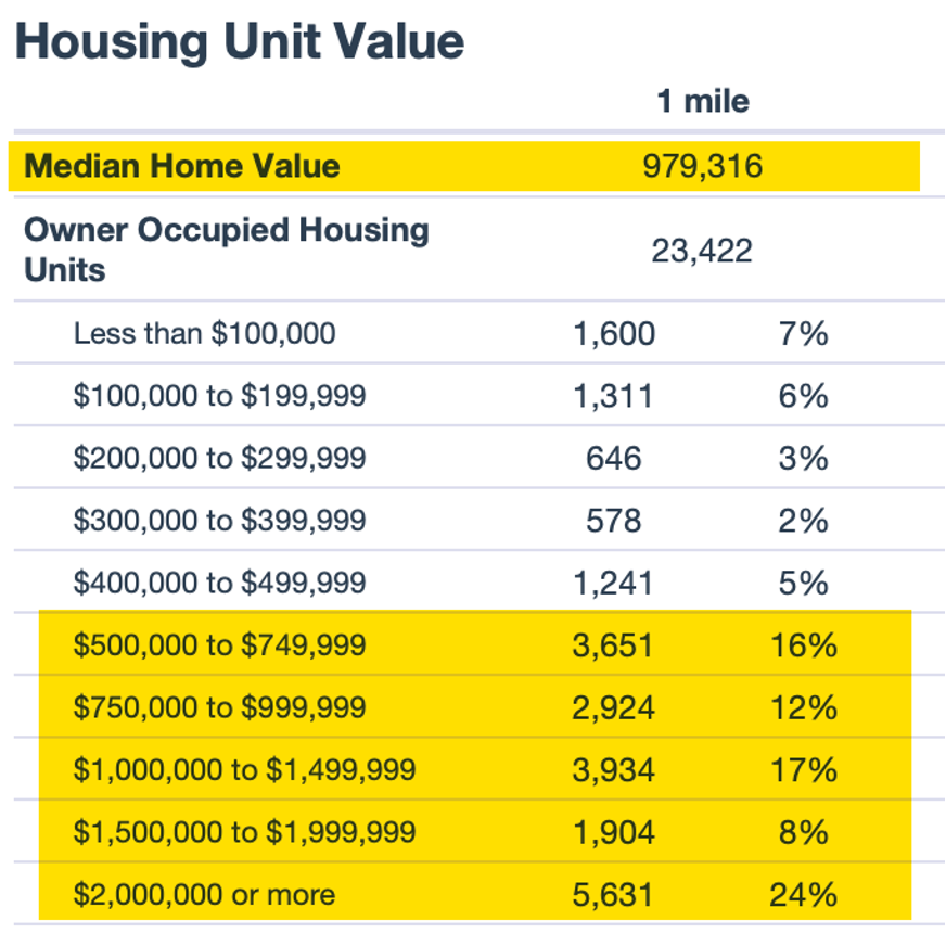 Radius report for New York City showing high home value categories from ACS 2022 data