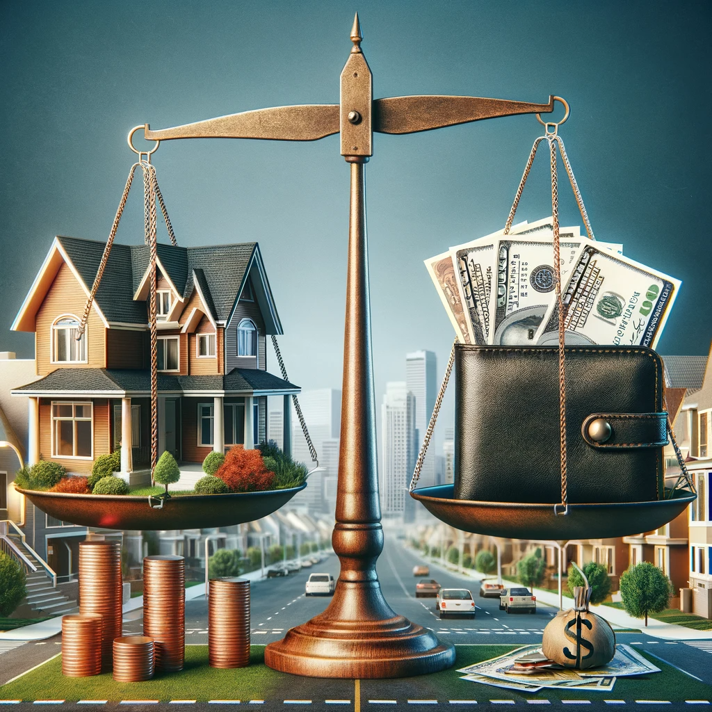 An illustrative balance scale with a typical suburban house on one side and an open wallet with cash and credit cards on the other, set against a split background showing a residential area and a shopping district, symbolizing the impact of housing costs on personal finances.